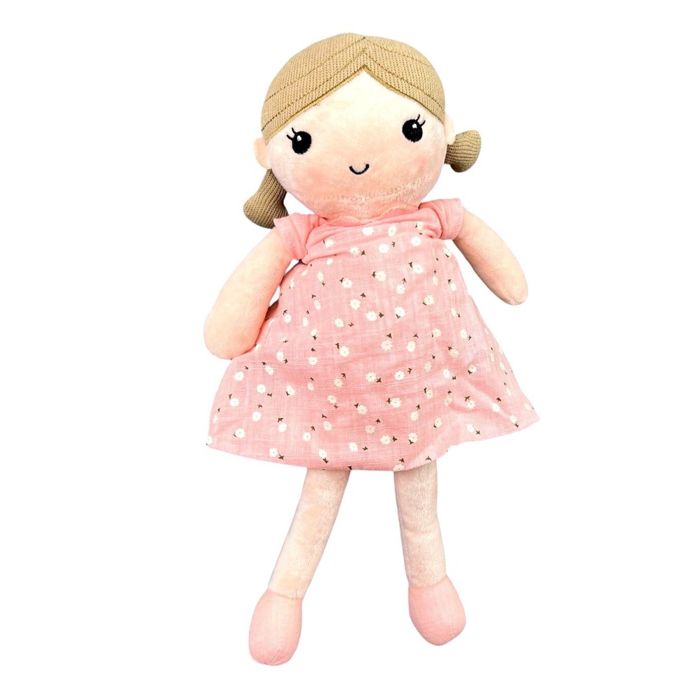 Ginzy Soft Cloth Doll Plush Girl 14" Pink Floral Dress Stuffed Toy Surface Wash